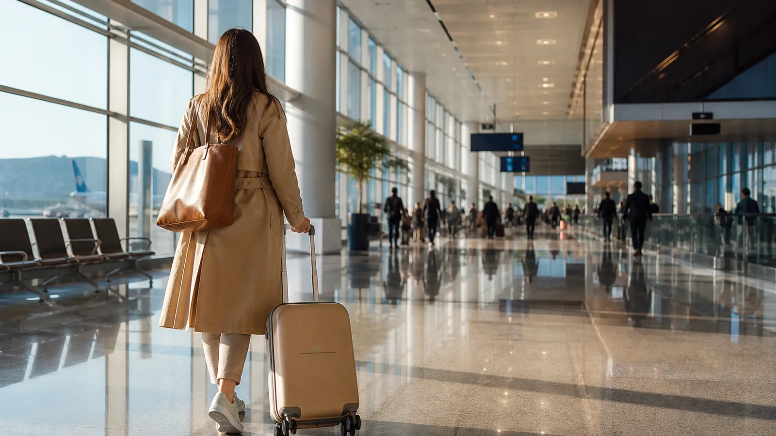 Sunlit international airport departure hall with travelers in the distance