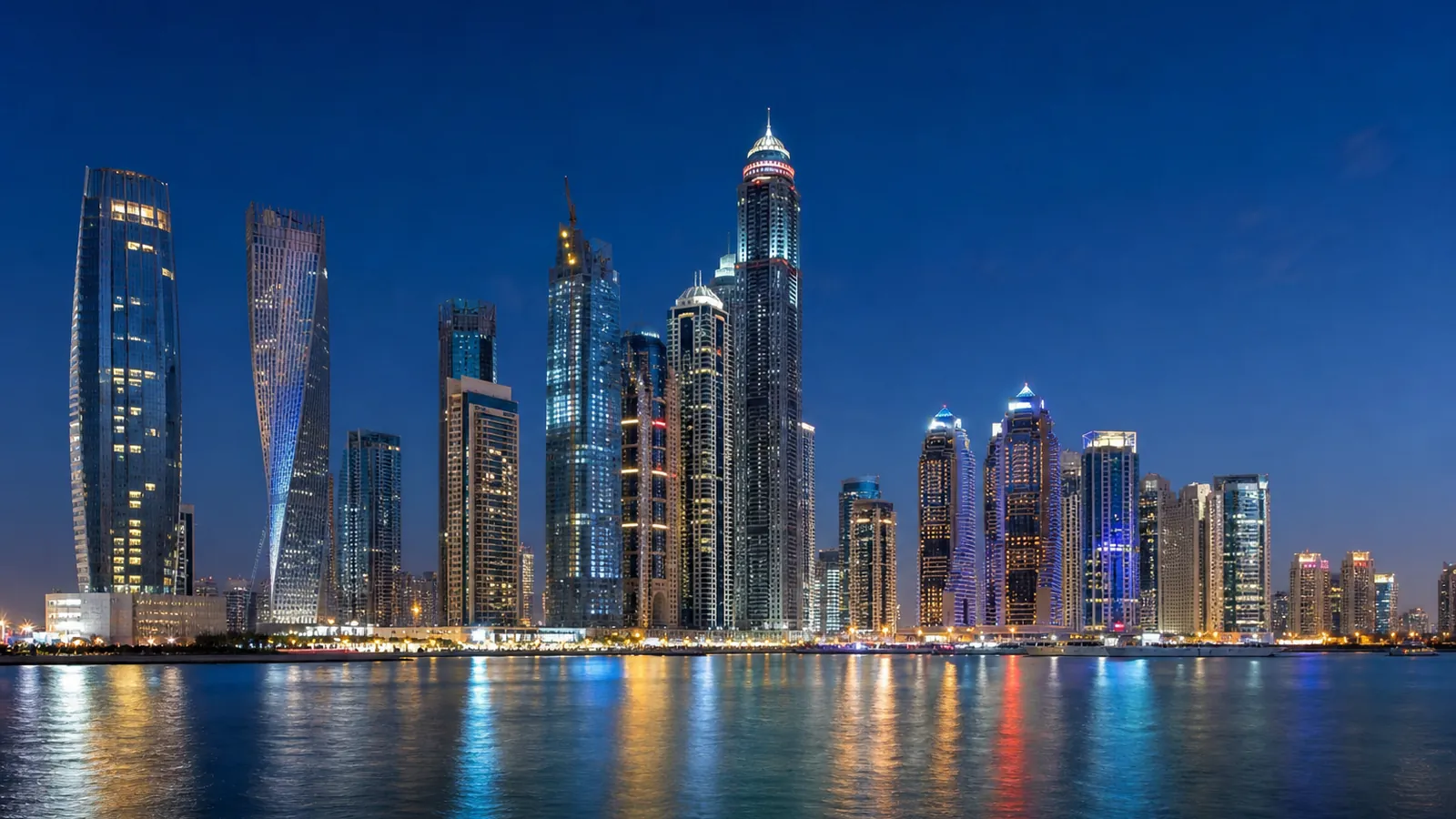 Dubai marina and waterfront at dusk, a destination Afghans book from Kabul