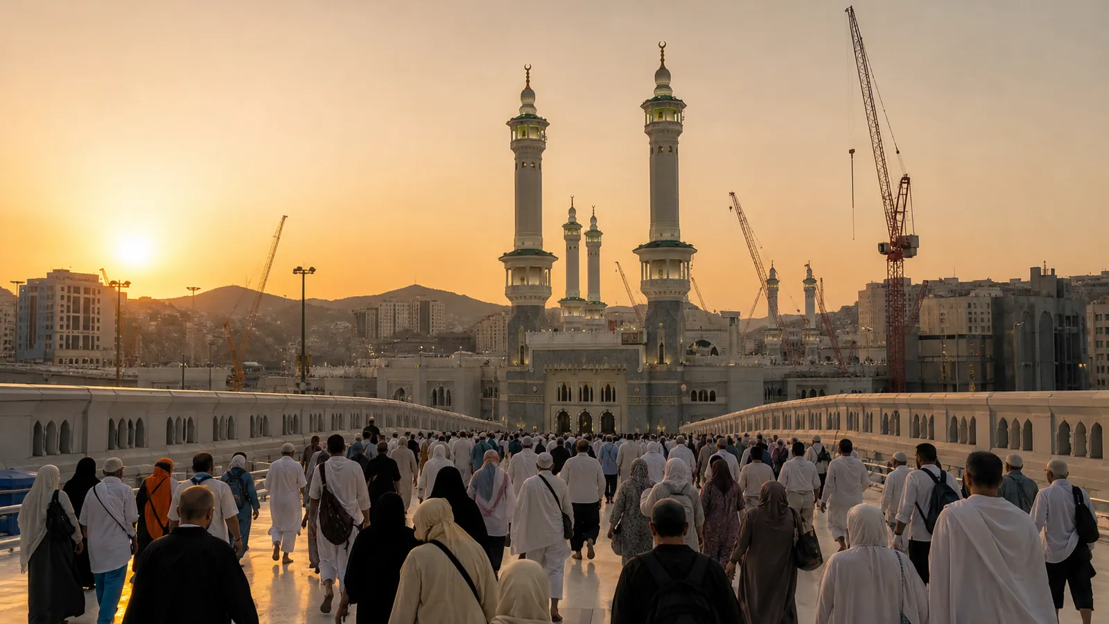 Pilgrims walking toward the Grand Mosque in Makkah at golden hour