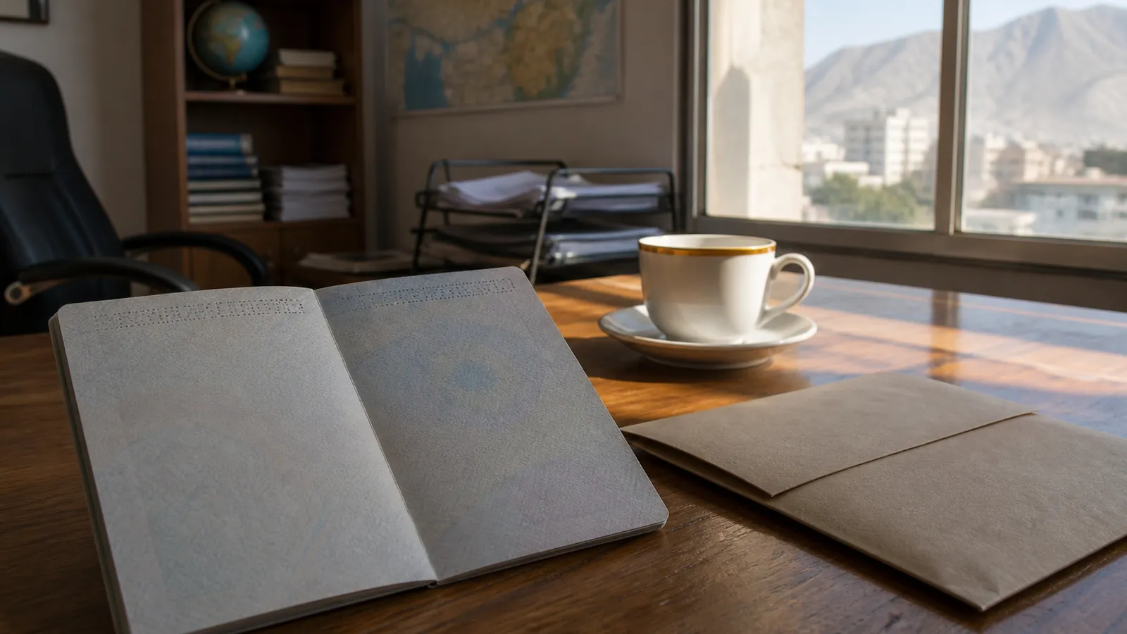 Open passport and travel envelope on a sunlit desk in Kabul